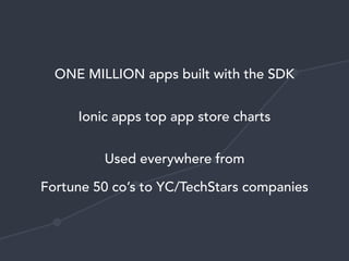 ONE MILLION apps built with the SDK
Ionic apps top app store charts
Used everywhere from  
Fortune 50 co’s to YC/TechStars companies
 