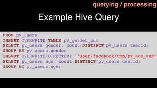 querying / processing

             Example Hive Query
FROM pv_users
INSERT OVERWRITE TABLE pv_gender_sum
SELECT pv_users.gender, count(DISTINCT pv_users.userid)
GROUP BY pv_users.gender
INSERT OVERWRITE DIRECTORY '/user/facebook/tmp/pv_age_sum'
SELECT pv_users.age, count(DISTINCT pv_users.userid)
GROUP BY pv_users.age;
 