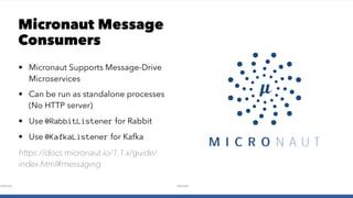 Micronaut Message
Consumers
• Micronaut Supports Message-Drive
Microservices
• Can be run as standalone processes
(No HTTP server)
• Use @RabbitListener for Rabbit
• Use @KafkaListener for Kafka
https://docs.micronaut.io/1.1.x/guide/
index.html#messaging
 