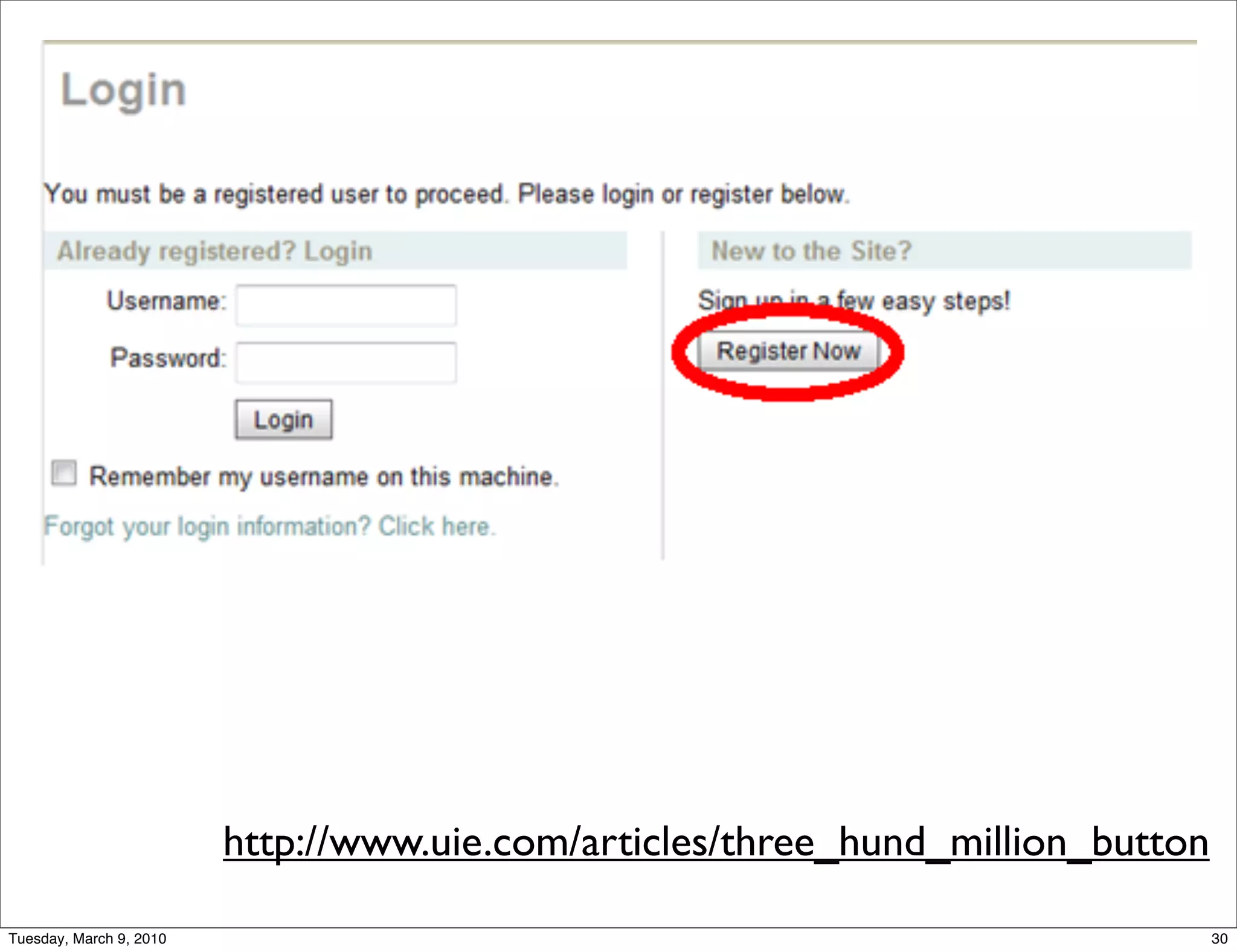 http://www.uie.com/articles/three_hund_million_button

Tuesday, March 9, 2010                                                           30
 