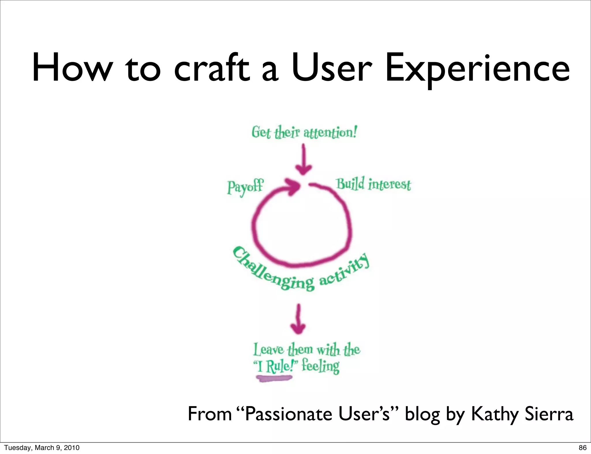 How to craft a User Experience




                         From “Passionate User’s” blog by Kathy Sierra
Tuesday, March 9, 2010                                                   86
 