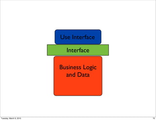 Use Interface

                           Interface

                         Business Logic
                           and Data




Tuesday, March 9, 2010                    70
 