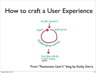 How to craft a User Experience




                         From “Passionate User’s” blog by Kathy Sierra
Tuesday, March 9, 2010                                                   86
 