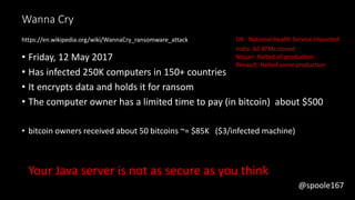 @spoole167
Wanna Cry
• Friday, 12 May 2017
• Has infected 250K computers in 150+ countries
• It encrypts data and holds it for ransom
• The computer owner has a limited time to pay (in bitcoin) about $500
• bitcoin owners received about 50 bitcoins ~= $85K ($3/infected machine)
UK: National Health Service impacted:
India: All ATMs closed
Nissan: Halted all production
Renault: Halted some production
https://en.wikipedia.org/wiki/WannaCry_ransomware_attack
Your Java server is not as secure as you think
@spoole167
 