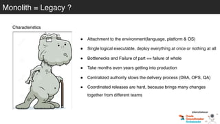 Monolith = Legacy ?
Characteristics
! Attachment to the environment(language, platform & OS)
! Single logical executable, deploy everything at once or nothing at all
! Bottlenecks and Failure of part == failure of whole
! Take months even years getting into production
! Centralized authority slows the delivery process (DBA, OPS, QA)
! Coordinated releases are hard, because brings many changes
together from different teams
@betoSalazar
 