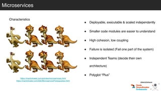 Microservices
Characteristics
! Deployable, executable & scaled independently
! Smaller code modules are easier to understand
! High cohesion, low coupling
! Failure is isolated (Fail one part of the system)
! Independent Teams (decide their own
architecture)
! Polyglot “Plus”
https://martinfowler.com/articles/microservices.html
https://martinfowler.com/bliki/MicroservicePrerequisites.html
@betoSalazar
 