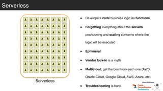 Serverless
Serverless
! Developers code business logic as functions
! Forgetting everything about the servers
provisioning and scaling concerns where the
logic will be executed
! Ephimeral
! Vendor lock-in is a myth
! Multicloud, get the best from each one (AWS,
Oracle Cloud, Google Cloud, AWS, Azure, etc)
! Troubleshooting is hard
@betoSalazar
 