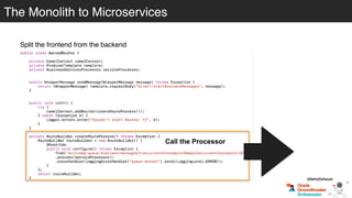 Split the frontend from the backend
Call the Processor
@betoSalazar
The Monolith to MicroservicesThe Monolith to Microservices
 
