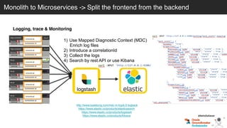 Logging, trace & Monitoring
http://www.baeldung.com/mdc-in-log4j-2-logback
https://www.elastic.co/products/elasticsearch
https://www.elastic.co/products/logstash
https://www.elastic.co/products/kibana
logstash
1) Use Mapped Diagnostic Context (MDC)
Enrich log files
2) Introduce a correlationId
3) Collect the logs
4) Search by rest API or use Kibana
Osgi container
engine-orchestrator.jar
Osgi container
dynamic-camel-routes.jar
fat jar
batch.jar
fat jar
services.jar
fat jar
business-module1.jar
fat jar
business-module-n.jar
Service
some api
Service
some api
Service
some api
Service
some api
Service
some api
Service
some api
businesslogic.jar
consumer.jar
businesslogic.jar
consumer.jar
businesslogic.jar
consumer.jar
businesslogic.jar
consumer.jar
businesslogic.jar
consumer.jar
businesslogic.jar
consumer.jar
Monolith to Microservices -> Split the frontend from the backend
@betoSalazar
 