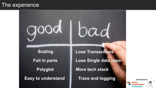 @betoSalazar
The experience
Lose TransactionsScaling
Fail in parts
More tech stack
Trace and logging
Polyglot
Easy to understand
Lose Single data repo
 