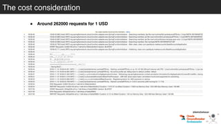 The cost consideration
@betoSalazar
! Around 262000 requests for 1 USD
• Request / function = 0.000000313 USD + 0.0000035 USD for the API
Gateway fees
• Around 100ms of time for every invocationAWS Lambda, and above the
minimum 128MB memory
!
 