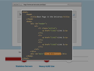 http://www.serversrule.com/link1



      <html>
   My Awesome Site
           <head>                     Link 1 | Link 2 | Link 3
               <title>Best Page in the Universe</title>
           </head>
           <body>
               <div id="header">
                   <ul>
                        <li class="active">

                         Link 1 - Content
                        </li>
                             <a href="link1">Link 1</a>

                        <li>
                             <a href="link2">Link 2</a>
                        </li>
                        <li>
                             <a href="link3">Link 3</a>
                        </li>
                   </ul>
   before 2005 </div>      2006 - 2009
               <div id="main">Link 1 - Content</div>
           </body>
      </html>



Stateless Servers             Heavy AJAX Use
 