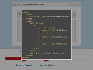 http://www.serversrule.com/link1



      <html>
   My Awesome Site
           <head>                     Link 1 | Link 2 | Link 3
               <title>Best Page in the Universe</title>
           </head>
           <body>
               <div id="header">
                   <ul>
                        <li class="active">

                         Link 1 - Content
                        </li>
                             <a href="link1">Link 1</a>

                        <li>
                             <a href="link2">Link 2</a>
                        </li>
                        <li>
                             <a href="link3">Link 3</a>
                        </li>
                   </ul>
   before 2005 </div>      2006 - 2009
               <div id="main">Link 2 - Content</div>
           </body>
      </html>



Stateless Servers             Heavy AJAX Use
 