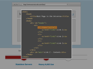 http://www.serversrule.com/link1



      <html>
   My Awesome Site
           <head>                     Link 1 | Link 2 | Link 3
               <title>Best Page in the Universe</title>
           </head>
           <body>
               <div id="header">
                   <ul>
                        <li class="active">

                         Link 1 - Content
                        </li>
                             <a href="link1">Link 1</a>

                        <li>
                             <a href="link2">Link 2</a>
                        </li>
                        <li>
                             <a href="link3">Link 3</a>
                        </li>
                   </ul>
   before 2005 </div>      2006 - 2009
               <div id="main">Link 2 - Content</div>
           </body>
      </html>



Stateless Servers             Heavy AJAX Use
 