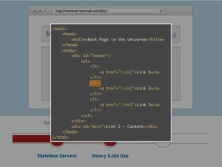 http://www.serversrule.com/link1



      <html>
   My Awesome Site
           <head>                     Link 1 | Link 2 | Link 3
               <title>Best Page in the Universe</title>
           </head>
           <body>
               <div id="header">
                   <ul>
                        <li>

                         Link 1 - Content
                        </li>
                             <a href="link1">Link 1</a>

                        <li>
                             <a href="link2">Link 2</a>
                        </li>
                        <li>
                             <a href="link3">Link 3</a>
                        </li>
                   </ul>
   before 2005 </div>      2006 - 2009
               <div id="main">Link 2 - Content</div>
           </body>
      </html>



Stateless Servers             Heavy AJAX Use
 