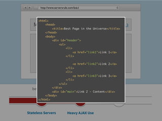 http://www.serversrule.com/link1



      <html>
   My Awesome Site
          <head>                    Link 1 | Link 2 | Link 3
              <title>Best Page in the Universe</title>
          </head>
          <body>
              <div id="header">
                  <ul>
                       <li>

                        Link 1 - Content
                           <a href="link1">Link 1</a>
                       </li>

                            <a href="link2">Link 2</a>
                       </li>
                       <li>
                            <a href="link3">Link 3</a>
                       </li>
                   </ul>
   before 2005 </div>     2006 - 2009
               <div id="main">Link 2 - Content</div>
           </body>
      </html>



Stateless Servers            Heavy AJAX Use
 