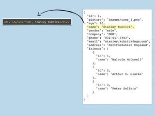 {
                                               "id": 1,
                                               "picture": "images/user_1.png",
<div id=”user”>Hi, Stanley Kubrick</div>       "age": 70,
                                               "name": "Stanley Kubrick",
                                               "gender": "male",
                                               "company": "MGM",
                                               "phone": "832-547-3983",
                                               "email": "stanley.kubrick@mgm.com",
                                               "address": "Hertfordshire England",
                                               "friends": [
                                                  {
                                                     "id": 1,
                                                     "name": "Malcolm McDowell"
                                                  },
                                                  {
                                                     "id": 2,
                                                     "name": "Arthur C. Clarke"
                                                  },
                                                  {
                                                     "id": 3,
                                                     "name": "Peter Sellers"
                                                  }
                                               ]
                                           }
 