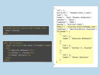 {
                                                    "id": 1,
                                                    "picture": "images/user_1.png",
                                                    "age": 70,
                                                    "name": "Paul Thomas Anderson",
                                                    "gender": "male",
                                                    "company": "MGM",
                                                    "phone": "832-547-3983",
                                                    "email": "stanley.kubrick@mgm.com",
<a href=”mailto:stanley.kubrick@mgm.com”>
                                                    "address": "Hertfordshire England",
  Email Stanley
                                                    "friends": [
</a>                                                   {
                                                          "id": 1,
                                                          "name": "Malcolm McDowell"
                                                       },
<div id=”friends”>                                     {
  <span id=”count”>You have 3 friends:</span>             "id": 2,
  <ul>                                                    "name": "Arthur C. Clarke"
    <li>Malcolm McDowell</li>                          },
    <li>Arthur C. Clarke</li>                          {
    <li>Peter Sellers</li>                                "id": 3,
  </ul>                                                   "name": "Peter Sellers"
</div>                                                 }
                                                    ]
                                                }
 
