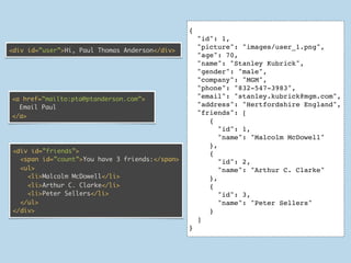 {
                                                     "id": 1,
                                                     "picture": "images/user_1.png",
<div id=”user”>Hi, Paul Thomas Anderson</div>
                                                     "age": 70,
                                                     "name": "Stanley Kubrick",
                                                     "gender": "male",
                                                     "company": "MGM",
                                                     "phone": "832-547-3983",
<a href=”mailto:pta@ptanderson.com”>                 "email": "stanley.kubrick@mgm.com",
  Email Paul                                         "address": "Hertfordshire England",
                                                     "friends": [
</a>
                                                        {
                                                           "id": 1,
                                                           "name": "Malcolm McDowell"
                                                        },
 <div id=”friends”>                                     {
   <span id=”count”>You have 3 friends:</span>             "id": 2,
   <ul>                                                    "name": "Arthur C. Clarke"
     <li>Malcolm McDowell</li>                          },
     <li>Arthur C. Clarke</li>                          {
     <li>Peter Sellers</li>                                "id": 3,
   </ul>                                                   "name": "Peter Sellers"
 </div>                                                 }
                                                     ]
                                                     ]
                                                 }
                                                 }
 