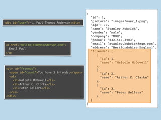 {
                                                     "id": 1,
                                                     "picture": "images/user_1.png",
<div id=”user”>Hi, Paul Thomas Anderson</div>
                                                     "age": 70,
                                                     "name": "Stanley Kubrick",
                                                     "gender": "male",
                                                     "company": "MGM",
                                                     "phone": "832-547-3983",
<a href=”mailto:pta@ptanderson.com”>                 "email": "stanley.kubrick@mgm.com",
  Email Paul                                         "address": "Hertfordshire England",
                                                     "friends": [
</a>
                                                        {
                                                           "id": 1,
                                                           "name": "Malcolm McDowell"
                                                        },
 <div id=”friends”>                                     {
   <span id=”count”>You have 3 friends:</span>             "id": 2,
   <ul>                                                    "name": "Arthur C. Clarke"
     <li>Malcolm McDowell</li>                          },
     <li>Arthur C. Clarke</li>                          {
     <li>Peter Sellers</li>                                "id": 3,
   </ul>                                                   "name": "Peter Sellers"
 </div>                                                 }
                                                     ]
                                                     ]
                                                 }
                                                 }
 