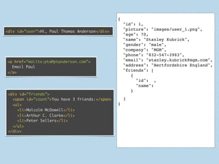 {
                                                     "id": 1,
                                                     "picture": "images/user_1.png",
<div id=”user”>Hi, Paul Thomas Anderson</div>
                                                     "age": 70,
                                                     "name": "Stanley Kubrick",
                                                     "gender": "male",
                                                     "company": "MGM",
                                                     "phone": "832-547-3983",
<a href=”mailto:pta@ptanderson.com”>                 "email": "stanley.kubrick@mgm.com",
  Email Paul                                         "address": "Hertfordshire England",
                                                     "friends": [
</a>
                                                        {
                                                          "id": ,
                                                          "name":
                                                        }
 <div id=”friends”>
   <span id=”count”>You have 3 friends:</span>       ]
   <ul>                                          }
     <li>Malcolm McDowell</li>
     <li>Arthur C. Clarke</li>
     <li>Peter Sellers</li>
   </ul>
 </div>

                                                     ]
                                                 }
 