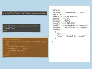 {
                                                     "id": 1,
                                                     "picture": "images/user_1.png",
<div id=”user”>Hi, Paul Thomas Anderson</div>
                                                     "age": 70,
                                                     "name": "Stanley Kubrick",
                                                     "gender": "male",
                                                     "company": "MGM",
                                                     "phone": "832-547-3983",
<a href=”mailto:pta@ptanderson.com”>                 "email": "stanley.kubrick@mgm.com",
  Email Paul                                         "address": "Hertfordshire England",
                                                     "friends": [
</a>
                                                        {
                                                          "id": 4 ,
                                                          "name": "Daniel Day Lewis"
                                                        }
 <div id=”friends”>
   <span id=”count”>You have 3 friends:</span>       ]
   <ul>                                          }
     <li>Malcolm McDowell</li>
     <li>Arthur C. Clarke</li>
     <li>Peter Sellers</li>
   </ul>
 </div>

                                                     ]
                                                 }
 