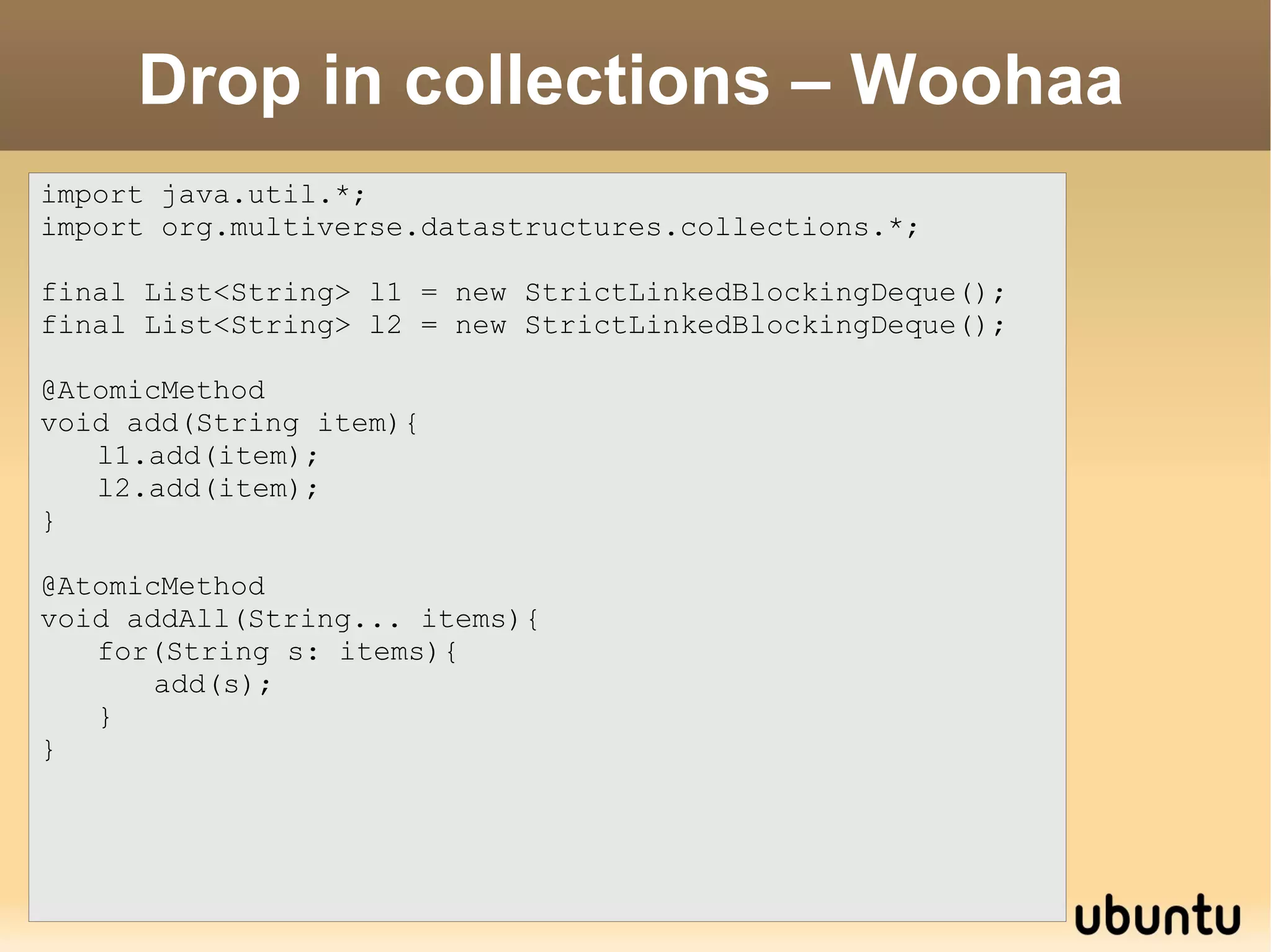 public class Account{ private int balance; public int getBalance(){ Return balance; } public inc(int delta){ if(balance + delta<0) Throw new NotEnoughCashException() this.balance += balance; } } static void transfer(Account from, Account to, int amount){ to.inc(amount); from.inc(-amount); } Not atomic 