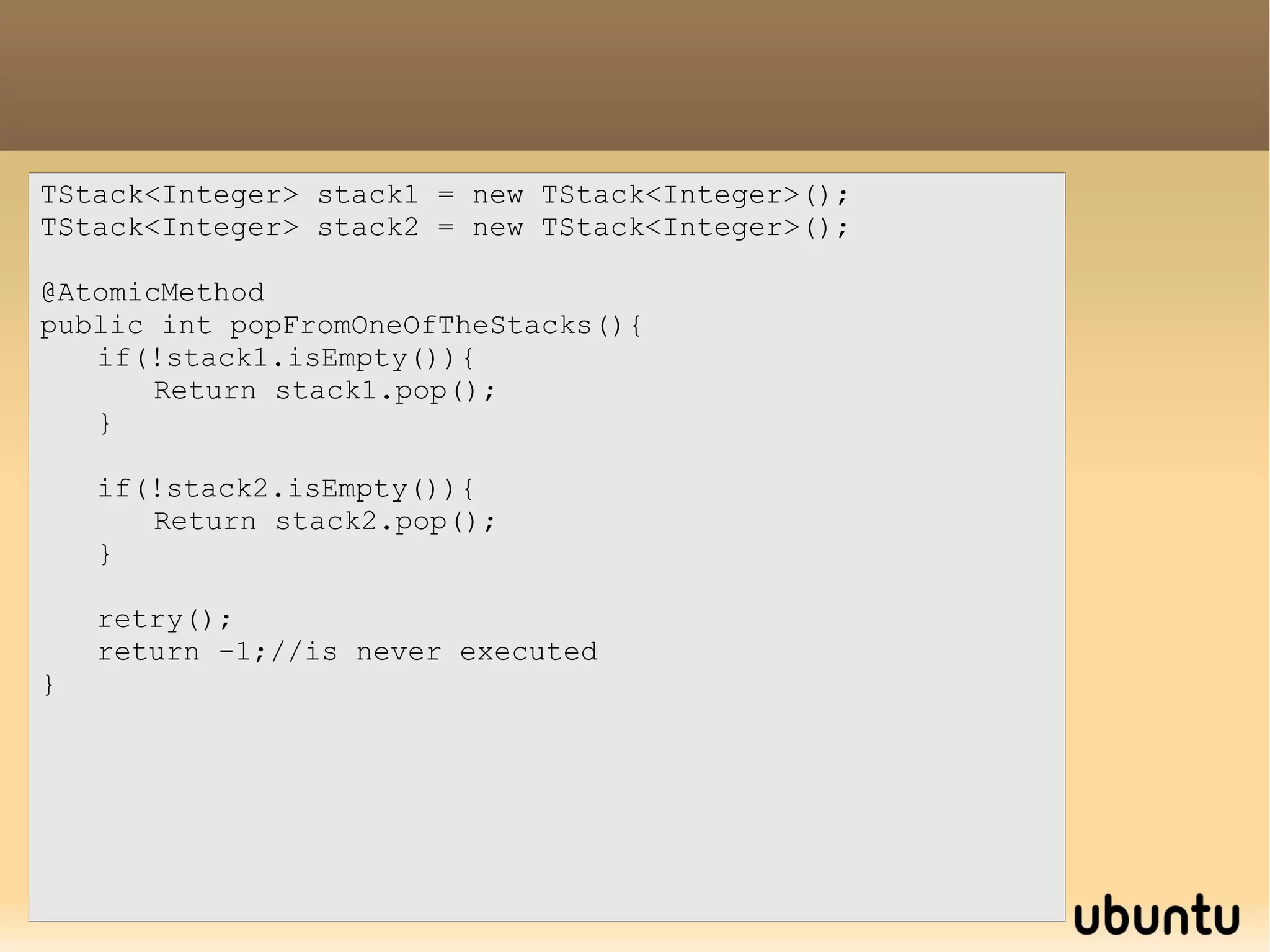 @AtomicObject public class Account{ private int balance; public int getBalance(){ Return balance; } public void inc(int delta){ this.balance += balance; } } @AtomicMethod static void transfer(Account from, Account to, int amount){ from.inc(-amount); to.inc(amount); } Using STM: POJO based 