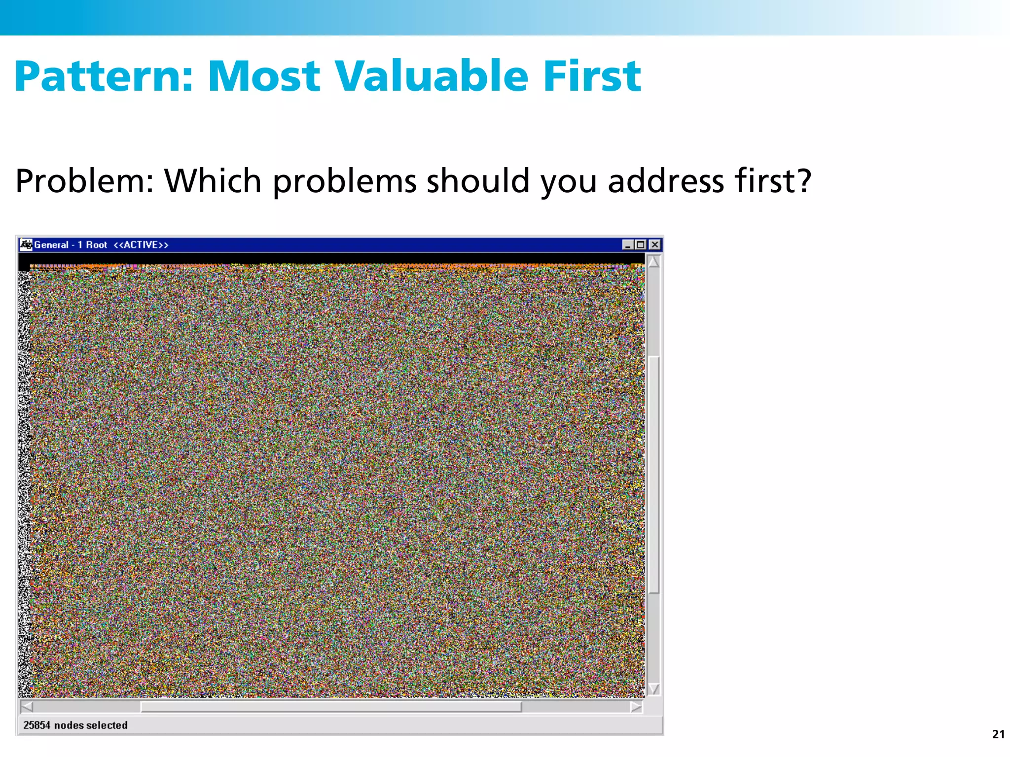 Pattern: Most Valuable First

Problem: Which problems should you address ﬁrst?




                                                   21
 