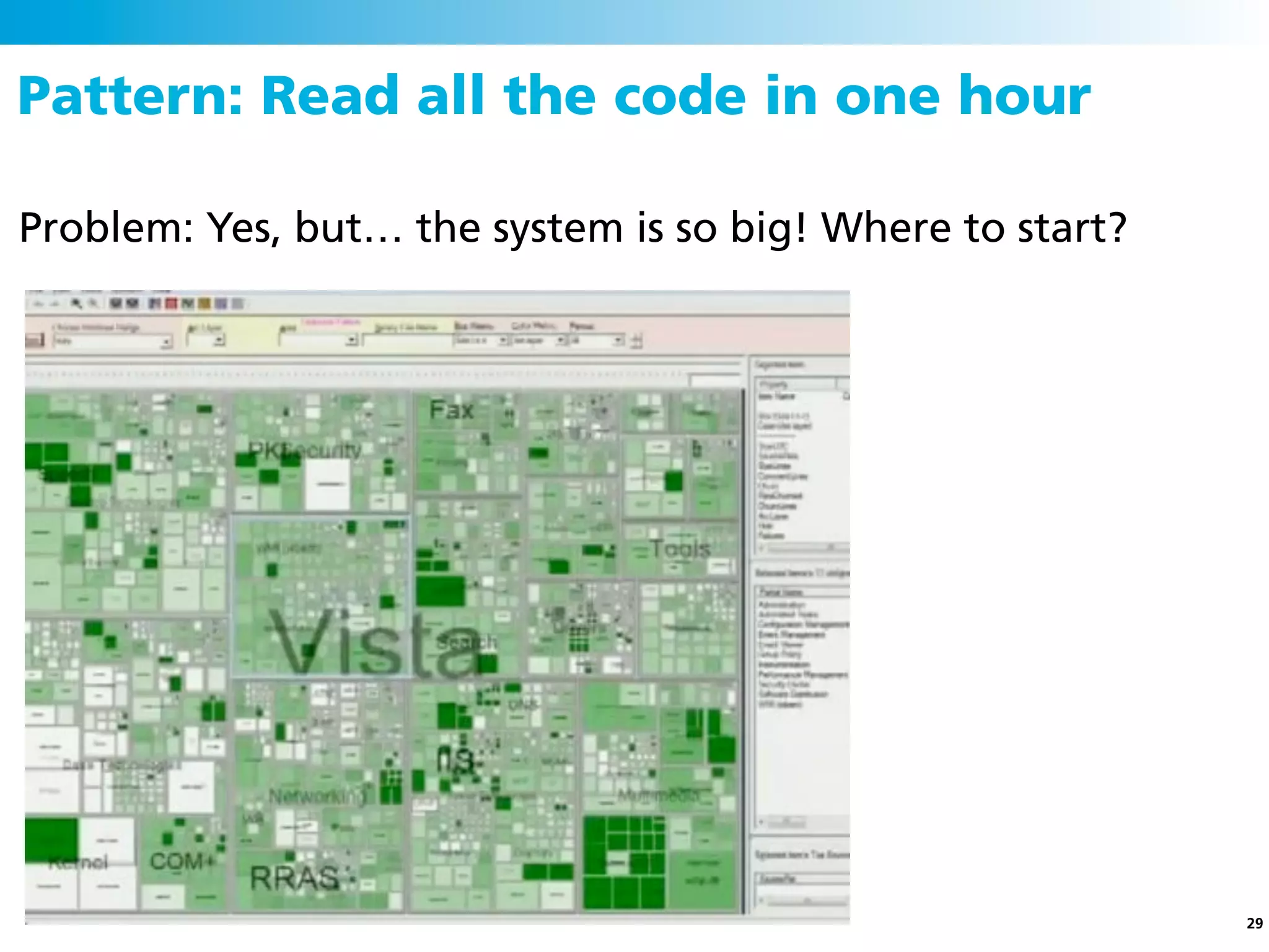 Pattern: Read all the code in one hour

Problem: Yes, but… the system is so big! Where to start?




                                                           29
 