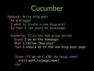 Cucumber
Feature: Write blog post
  As a blogger
  I want to create a new blog post
  So that I can share my knowledge

  ...