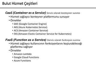 CaaS (Container as a Service) Servis olarak konteyner sunma
• Hizmet sağlayıcı konteyner platformunu sunuyor
• Örnekler
• GKE (Google Container Engine)
• AKS (Azure Kubernetes Service)
• ACS (Amazon Container Service)
• EKS (Amazon Elastic Container Service for Kubernetes)
FaaS (Function as a Service) Servis olarak fonksiyon sunma
• Hizmet sağlayıcı kullanıcının fonksiyonlarını koşturabileceği
platformu sağlıyor
• Örnekler
• Amazon Lambda
• Google Cloud Functions
• Azure Functions
Bulut Hizmet Çeşitleri
 