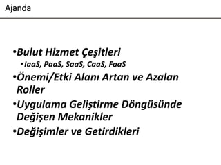 •Bulut Hizmet Çeşitleri
•IaaS, PaaS, SaaS, CaaS, FaaS
•Önemi/Etki Alanı Artan ve Azalan
Roller
•Uygulama Geliştirme Döngüsünde
Değişen Mekanikler
•Değişimler ve Getirdikleri
Ajanda
 