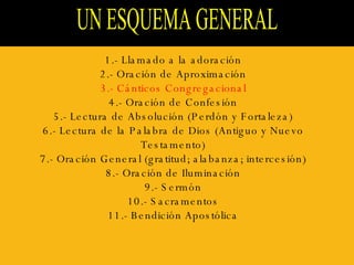 UN ESQUEMA GENERAL  1.- Llamado a la adoración 2.- Oración de Aproximación 3.- Cánticos Congregacional 4.- Oración de Confesión 5.- Lectura de Absolución (Perdón y Fortaleza) 6.- Lectura de la Palabra de Dios (Antiguo y Nuevo Testamento) 7.- Oración General (gratitud; alabanza; intercesión) 8.- Oración de Iluminación 9.- Sermón 10.- Sacramentos 11.- Bendición Apostólica 