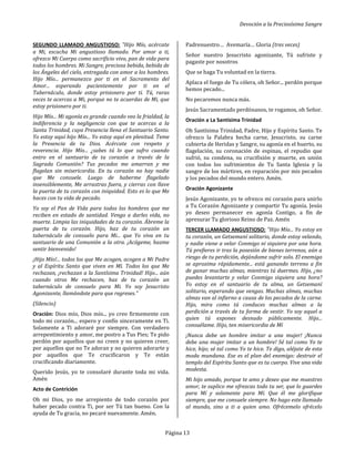 Devoción a la Preciosísima Sangre
Página 13
SEGUNDO LLAMADO ANGUSTIOSO: "Hijo Mío, acércate
a Mi, escucha Mi angustioso llamado. Por amor a ti,
ofrezco Mi Cuerpo como sacrificio vivo, pan de vida para
todos los hombres. Mi Sangre, preciosa bebida, bebida de
los Ángeles del cielo, entregada con amor a los hombres.
Hijo Mío... permanezco por ti en el Sacramento del
Amor... esperando pacientemente por ti en el
Tabernáculo, donde estoy prisionero por ti. Tú, raras
veces te acercas a Mi, porque no te acuerdas de Mi, que
estoy prisionero por ti.
Hijo Mío... Mi agonía es grande cuando veo la frialdad, la
indiferencia y la negligencia con que te acercas a la
Santa Trinidad, cuya Presencia llena el Santuario Santo.
Yo estoy aquí hijo Mío... Yo estoy aquí en plenitud. Teme
la Presencia de tu Dios. Acércate con respeto y
reverencia. Hijo Mío... ¿sabes tú lo que sufro cuando
entro en el santuario de tu corazón a través de la
Sagrada Comunión? Tus pecados me amarran y me
flagelan sin misericordia. En tu corazón no hay nadie
que Me consuele. Luego de haberme flagelado
insensiblemente, Me arrastras fuera, y cierras con llave
la puerta de tu corazón con iniquidad. Esto es lo que Me
haces con tu vida de pecado.
Yo soy el Pan de Vida para todos los hombres que me
reciben en estado de santidad. Vengo a darles vida, no
muerte. Limpia las iniquidades de tu corazón. Ábreme la
puerta de tu corazón. Hijo, haz de tu corazón un
tabernáculo de consuelo para Mi... que Yo viva en tu
santuario de una Comunión a la otra. ¡Acógeme, hazme
sentir bienvenido!
¡Hijo Mío!... todos los que Me acogen, acogen a Mi Padre
y al Espíritu Santo que viven en Mí. Todos los que Me
rechazan, ¡rechazan a la Santísima Trinidad! Hijo... aún
cuando otros Me rechacen, haz de tu corazón un
tabernáculo de consuelo para Mi. Yo soy Jesucristo
Agonizante, llamándote para que regreses."
(Silencio)
Oración: Dios mío, Dios mío... yo creo firmemente con
todo mi corazón... espero y confío sinceramente en Ti.
Solamente a Ti adoraré por siempre. Con verdadero
arrepentimiento y amor, me postro a Tus Pies; Te pido
perdón por aquellos que no creen y no quieren creer,
por aquellos que no Te adoran y no quieren adorarte y
por aquellos que Te crucificaron y Te están
crucificando diariamente.
Querido Jesús, yo te consolaré durante toda mi vida.
Amén
Acto de Contrición
Oh mi Dios, yo me arrepiento de todo corazón por
haber pecado contra Ti, por ser Tú tan bueno. Con la
ayuda de Tu gracia, no pecaré nuevamente. Amén.
Padrenuestro… Avemaría… Gloria (tres veces)
Señor nuestro Jesucristo agonizante, Tú sufriste y
pagaste por nosotros
Que se haga Tu voluntad en la tierra.
Aplaca el fuego de Tu cólera, oh Señor... perdón porque
hemos pecado...
No pecaremos nunca más.
Jesús Sacramentado perdónanos, te rogamos, oh Señor.
Oración a La Santísima Trinidad
Oh Santísima Trinidad, Padre, Hijo y Espíritu Santo. Te
ofrezco la Palabra hecha carne, Jesucristo, su carne
cubierta de Heridas y Sangre, su agonía en el huerto, su
flagelación, su coronación de espinas, el repudio que
sufrió, su condena, su crucifixión y muerte, en unión
con todos los sufrimientos de Tu Santa Iglesia y la
sangre de los mártires, en reparación por mis pecados
y los pecados del mundo entero. Amén.
Oración Agonizante
Jesús Agonizante, yo te ofrezco mi corazón para unirlo
a Tu Corazón Agonizante y compartir Tu agonía. Jesús
yo deseo permanecer en agonía Contigo, a fin de
apresurar Tu glorioso Reino de Paz. Amén
TERCER LLAMADO ANGUSTIOSO: "Hijo Mío... Yo estoy en
tu corazón, un Getsemaní solitario, donde estoy velando,
y nadie viene a velar Conmigo ni siquiera por una hora.
Tú prefieres ir tras la posesión de bienes terrenos, aún a
riesgo de tu perdición, dejándome sufrir solo. El enemigo
se aproxima rápidamente... está ganando terreno a fin
de ganar muchas almas, mientras tú duermes. Hijo, ¿no
puedes levantarte y velar Conmigo siquiera una hora?
Yo estoy en el santuario de tu alma, un Getsemaní
solitario, esperando que vengas. Muchas almas, muchas
almas van al infierno a causa de los pecados de la carne.
Hijo, mira como tú conduces muchas almas a la
perdición a través de tu forma de vestir. Yo soy aquel a
quien tú expones desnudo públicamente. Hijo...
consuélame. Hijo, ten misericordia de Mí
¡Nunca debe un hombre imitar a una mujer! ¡Nunca
debe una mujer imitar a un hombre! Sé tal como Yo te
hice, hijo; sé tal como Yo te hice. Te digo, aléjate de esta
moda mundana. Ese es el plan del enemigo: destruir el
templo del Espíritu Santo que es tu cuerpo. Vive una vida
modesta.
Mi hijo amado, porque te amo y deseo que me muestres
amor, te suplico me ofrezcas todo tu ser, que lo guardes
para Mí y solamente para Mí. Que él me glorifique
siempre, que me consuele siempre. No hago este llamado
al mundo, sino a ti a quien amo. Ofrécemelo ofrécelo
 