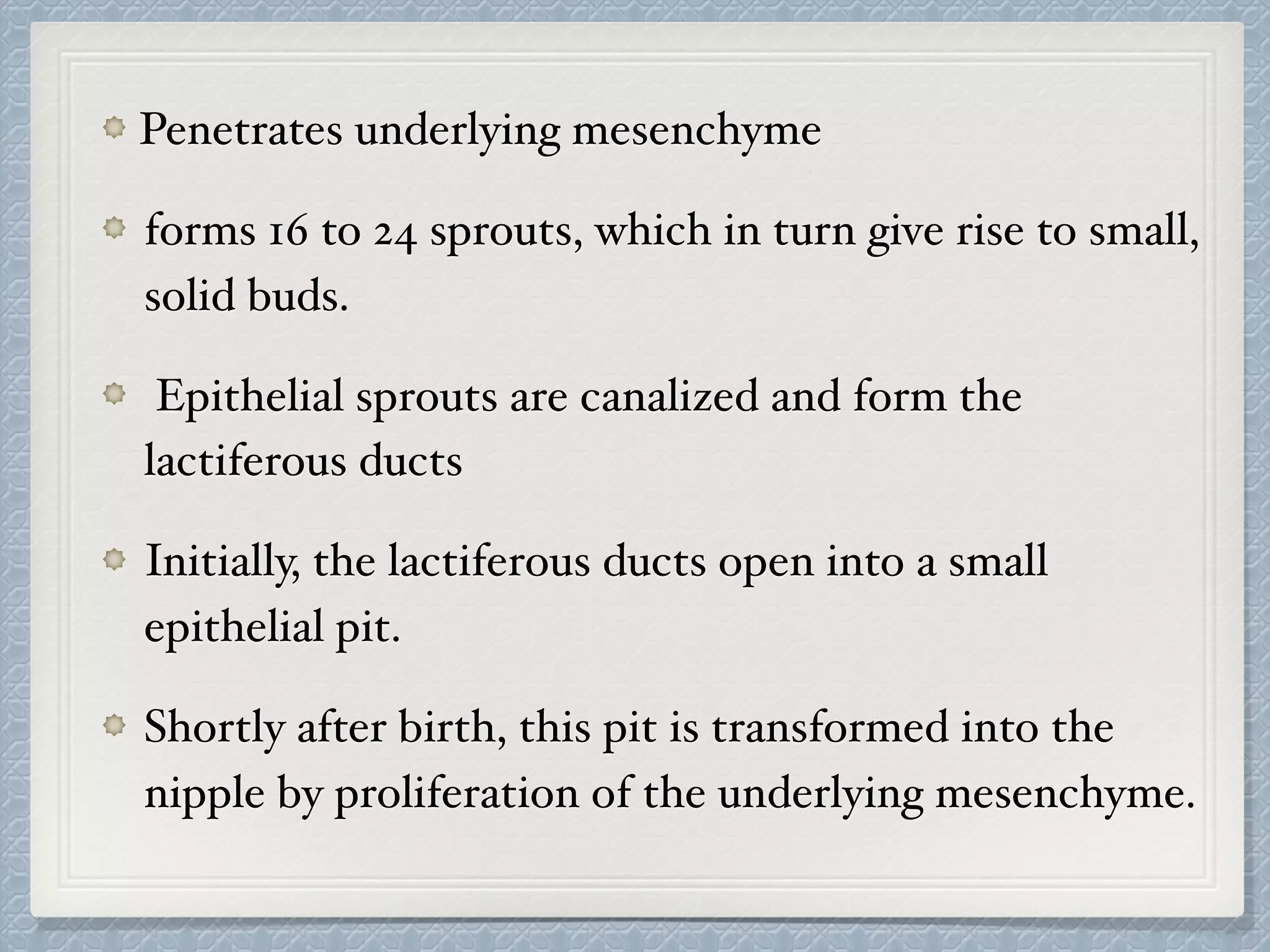 Penetrates underlying mesenchyme
forms 16 to 24 sprouts, which in turn give rise to small,
solid buds.
Epithelial sprouts are canalized and form the
lactiferous ducts
Initially, the lactiferous ducts open into a small
epithelial pit.
Shortly after birth, this pit is transformed into the
nipple by proliferation of the underlying mesenchyme.
 