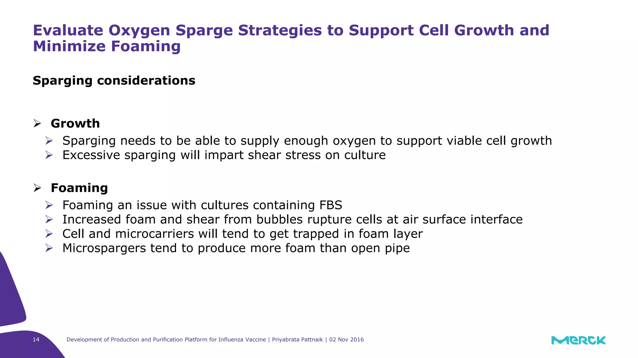 14
Sparging considerations
 Growth
 Sparging needs to be able to supply enough oxygen to support viable cell growth
 Excessive sparging will impart shear stress on culture
 Foaming
 Foaming an issue with cultures containing FBS
 Increased foam and shear from bubbles rupture cells at air surface interface
 Cell and microcarriers will tend to get trapped in foam layer
 Microspargers tend to produce more foam than open pipe
Evaluate Oxygen Sparge Strategies to Support Cell Growth and
Minimize Foaming
Development of Production and Purification Platform for Influenza Vaccine | Priyabrata Pattnaik | 02 Nov 2016
 