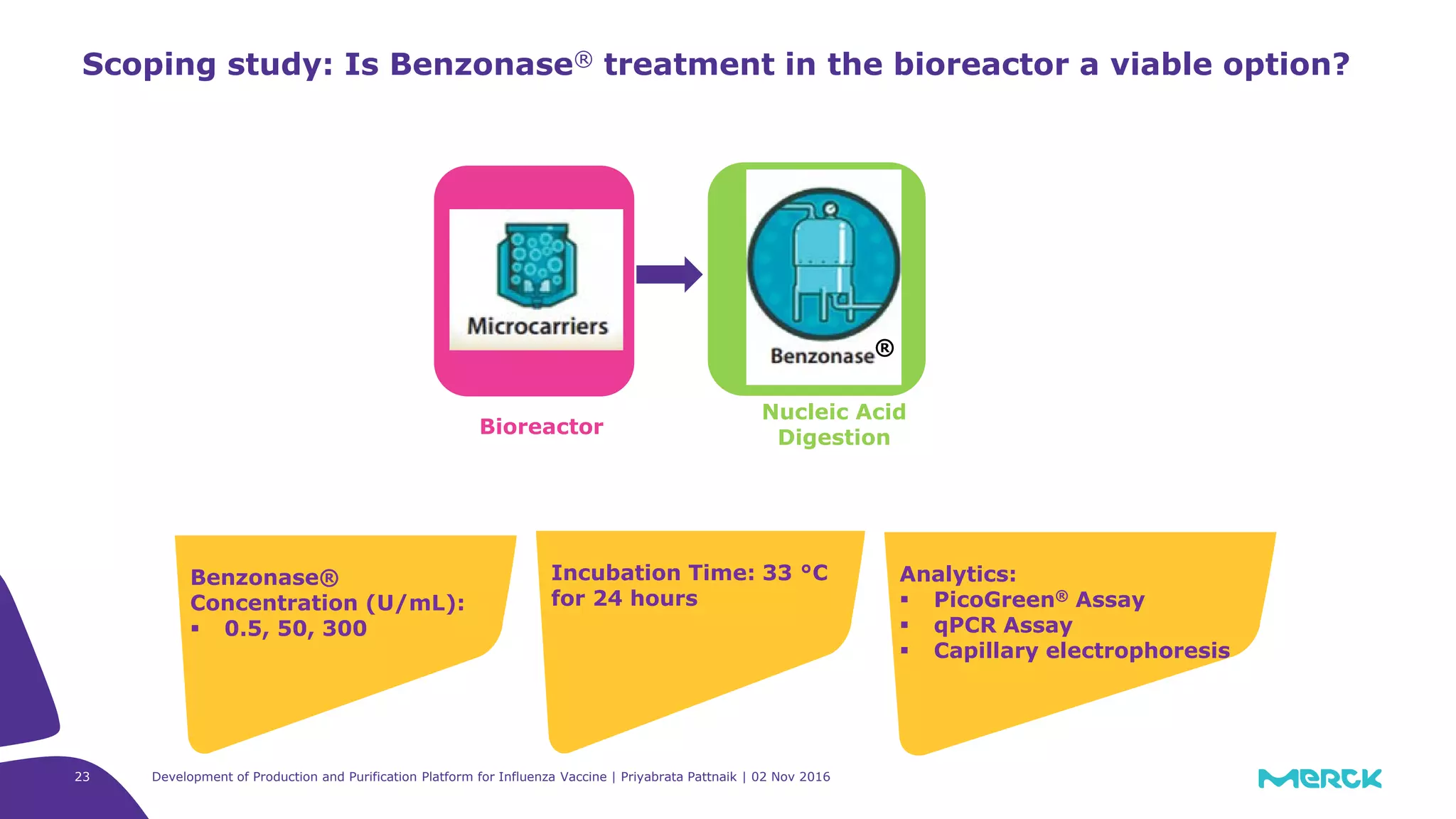 23
Scoping study: Is Benzonase® treatment in the bioreactor a viable option?
Bioreactor
Nucleic Acid
Digestion
Incubation Time: 33 °C
for 24 hours
Benzonase®
Concentration (U/mL):
 0.5, 50, 300
Analytics:
 PicoGreen® Assay
 qPCR Assay
 Capillary electrophoresis
®
Development of Production and Purification Platform for Influenza Vaccine | Priyabrata Pattnaik | 02 Nov 2016
 