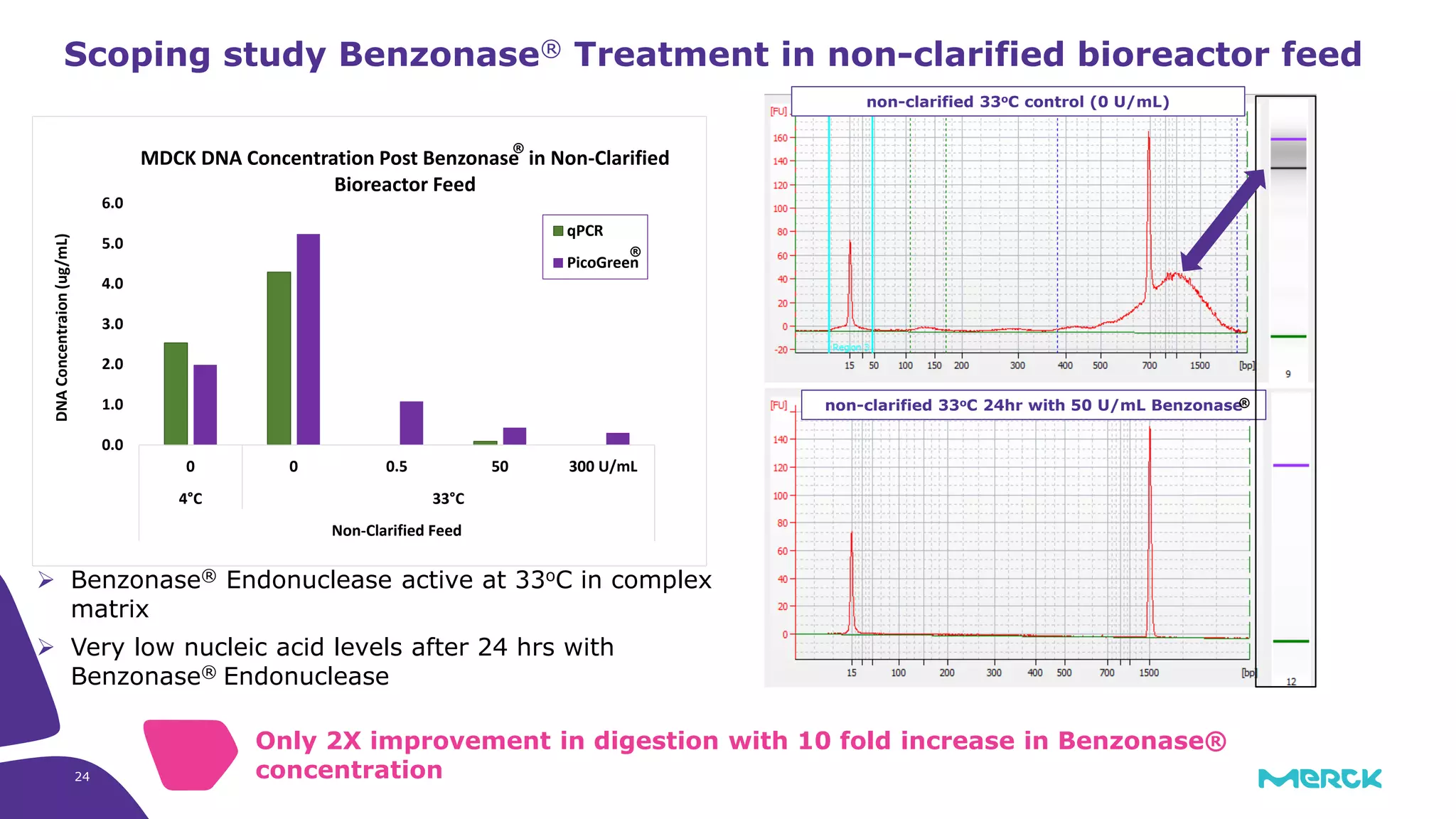 24
Scoping study Benzonase® Treatment in non-clarified bioreactor feed
 Benzonase® Endonuclease active at 33oC in complex
matrix
 Very low nucleic acid levels after 24 hrs with
Benzonase® Endonuclease
non-clarified 33oC control (0 U/mL)
non-clarified 33oC 24hr with 50 U/mL Benzonase
0.0
1.0
2.0
3.0
4.0
5.0
6.0
0 0 0.5 50 300 U/mL
4°C 33°C
Non-Clarified Feed
DNAConcentraion(ug/mL)
MDCK DNA Concentration Post Benzonase in Non-Clarified
Bioreactor Feed
qPCR
PicoGreen
®
®
®
Only 2X improvement in digestion with 10 fold increase in Benzonase®
concentration
 