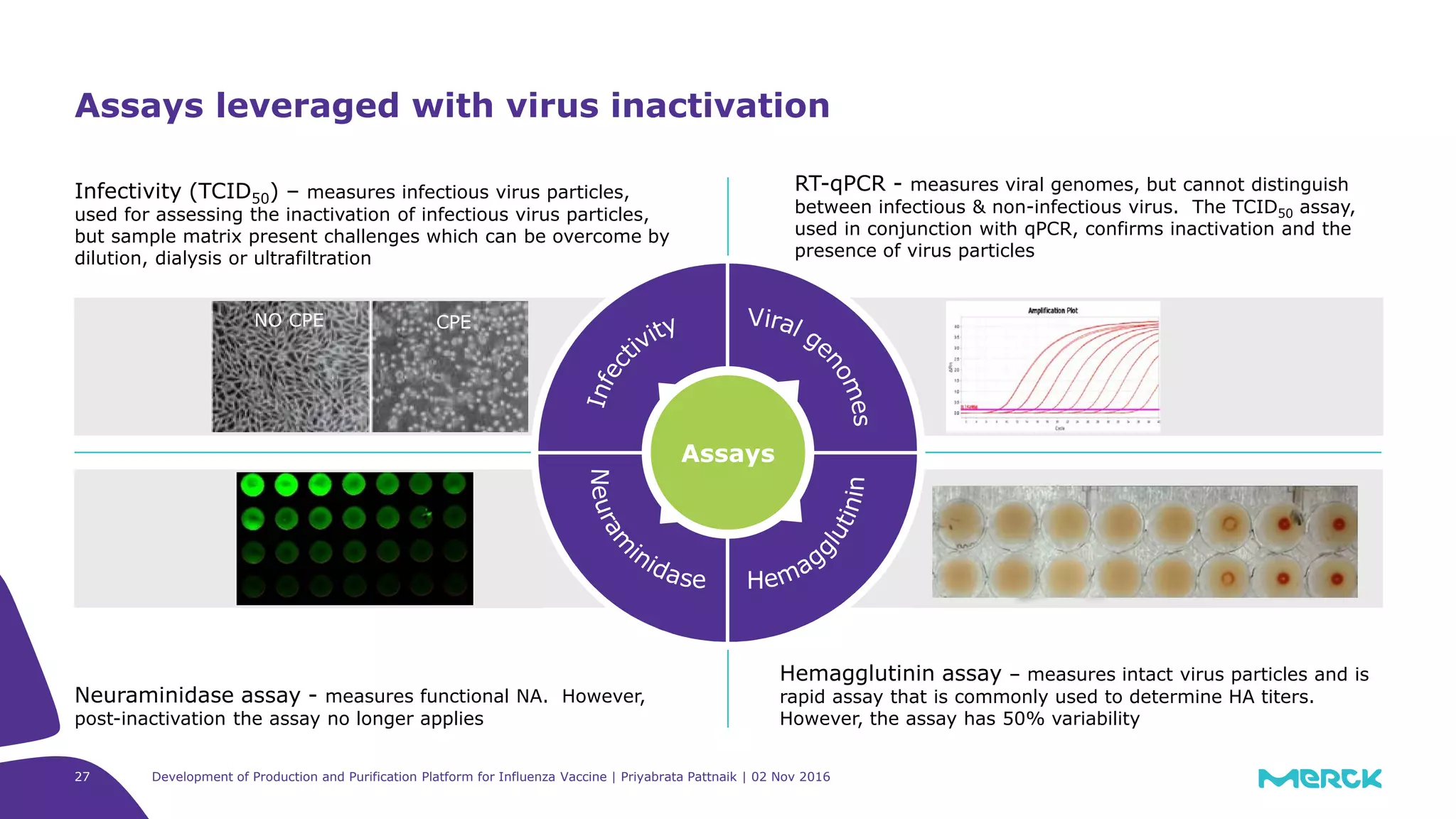 RT-qPCR - measures viral genomes, but cannot distinguish
between infectious & non-infectious virus. The TCID50 assay,
used in conjunction with qPCR, confirms inactivation and the
presence of virus particles
Hemagglutinin assay – measures intact virus particles and is
rapid assay that is commonly used to determine HA titers.
However, the assay has 50% variability
Infectivity (TCID50) – measures infectious virus particles,
used for assessing the inactivation of infectious virus particles,
but sample matrix present challenges which can be overcome by
dilution, dialysis or ultrafiltration
Neuraminidase assay - measures functional NA. However,
post-inactivation the assay no longer applies
Development of Production and Purification Platform for Influenza Vaccine | Priyabrata Pattnaik | 02 Nov 201627
Assays leveraged with virus inactivation
Assays
NO CPE CPE
 