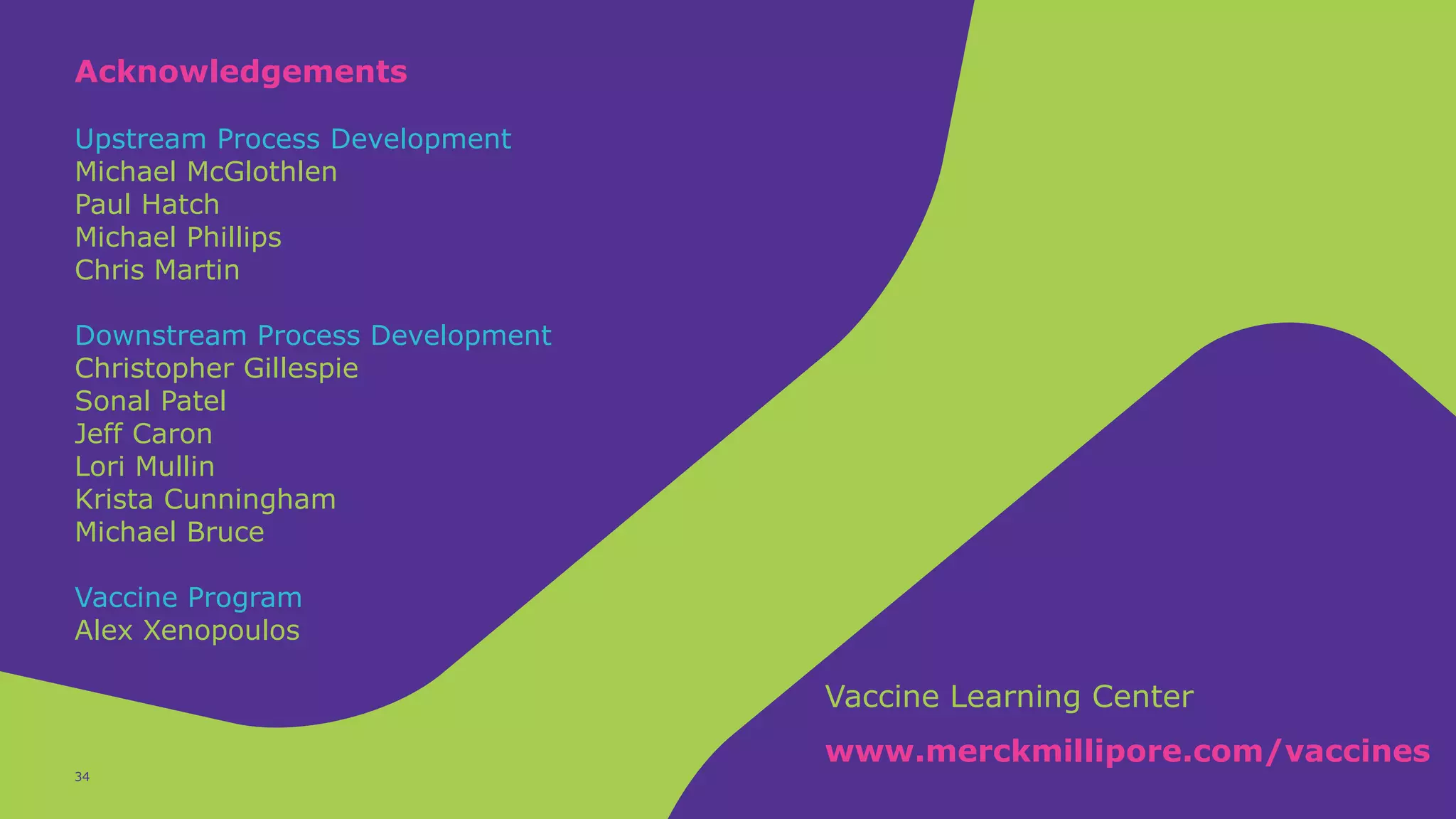 34
Acknowledgements
Upstream Process Development
Michael McGlothlen
Paul Hatch
Michael Phillips
Chris Martin
Downstream Process Development
Christopher Gillespie
Sonal Patel
Jeff Caron
Lori Mullin
Krista Cunningham
Michael Bruce
Vaccine Program
Alex Xenopoulos
Vaccine Learning Center
www.merckmillipore.com/vaccines
 