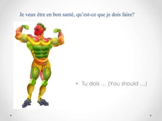 Je veux être en bon santé, qu’est-ce que je dois faire?




                          • Tu dois … (You should …)
 