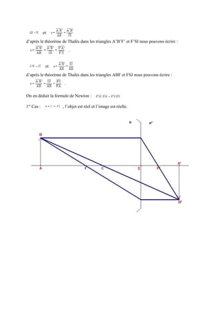 et
d’après le théorème de Thalès dans les triangles A’B’F’ et F’SI nous pouvons écrire :
                         .


             et
d’après le théorème de Thalès dans les triangles ABF et FSJ nous pouvons écrire :
                     .

On en déduit la formule de Newton :

1er Cas :           , l’objet est réel et l’image est réelle.
 