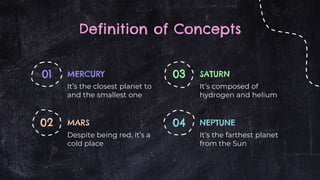 Definition of Concepts
MERCURY
It’s the closest planet to
and the smallest one
MARS
Despite being red, it’s a
cold place
SATURN
It’s composed of
hydrogen and helium
NEPTUNE
It’s the farthest planet
from the Sun
01
02
03
04
 