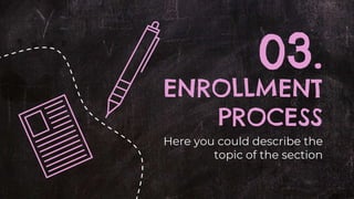 ENROLLMENT
PROCESS
Here you could describe the
topic of the section
03.
 