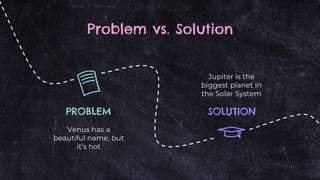 PROBLEM
Venus has a
beautiful name, but
it’s hot
SOLUTION
Jupiter is the
biggest planet in
the Solar System
Problem vs. Solution
 