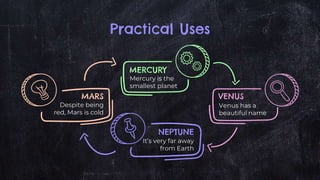 Practical Uses
VENUS
MERCURY
MARS
NEPTUNE
Mercury is the
smallest planet
Venus has a
beautiful name
Despite being
red, Mars is cold
It’s very far away
from Earth
 