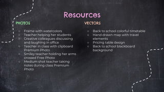 PHOTOS
○ Frame with watercolors
○ Teacher helping her students
○ Creative colleagues discussing
and laughing in office
○ Teacher in class with clipboard
Premium Photo
○ Smiley teacher holding her arms
crossed Free Photo
○ Medium shot teacher taking
notes during class Premium
Photo
Resources
VECTORS
○ Back to school colorful timetable
○ Hand drawn map with travel
elements
○ Pricing table design
○ Back to school blackboard
background
 