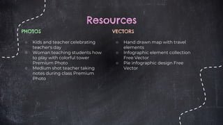 PHOTOS
○ Kids and teacher celebrating
teacher's day
○ Woman teaching students how
to play with colorful tower
Premium Photo
○ Medium shot teacher taking
notes during class Premium
Photo
Resources
VECTORS
○ Hand drawn map with travel
elements
○ Infographic element collection
Free Vector
○ Pie infographic design Free
Vector
 