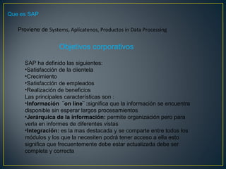 Que es SAP Proviene de  Systems, Aplícatenos, Productos in Data Processing    Objetivos corporativos  SAP ha definido las siguientes: Satisfacción de la clientela  Crecimiento  Satisfacción de empleados Realización de beneficios  Las principales características son : Información  ¨on line¨ : significa que la información se encuentra disponible sin esperar largos procesamientos  Jerárquica de la información:  permite organización pero para verla en informes de diferentes vistas  Integración:  es la mas destacada y se comparte entre todos los módulos y los que la necesiten podrá tener acceso a ella esto significa que frecuentemente debe estar actualizada debe ser completa y correcta  
